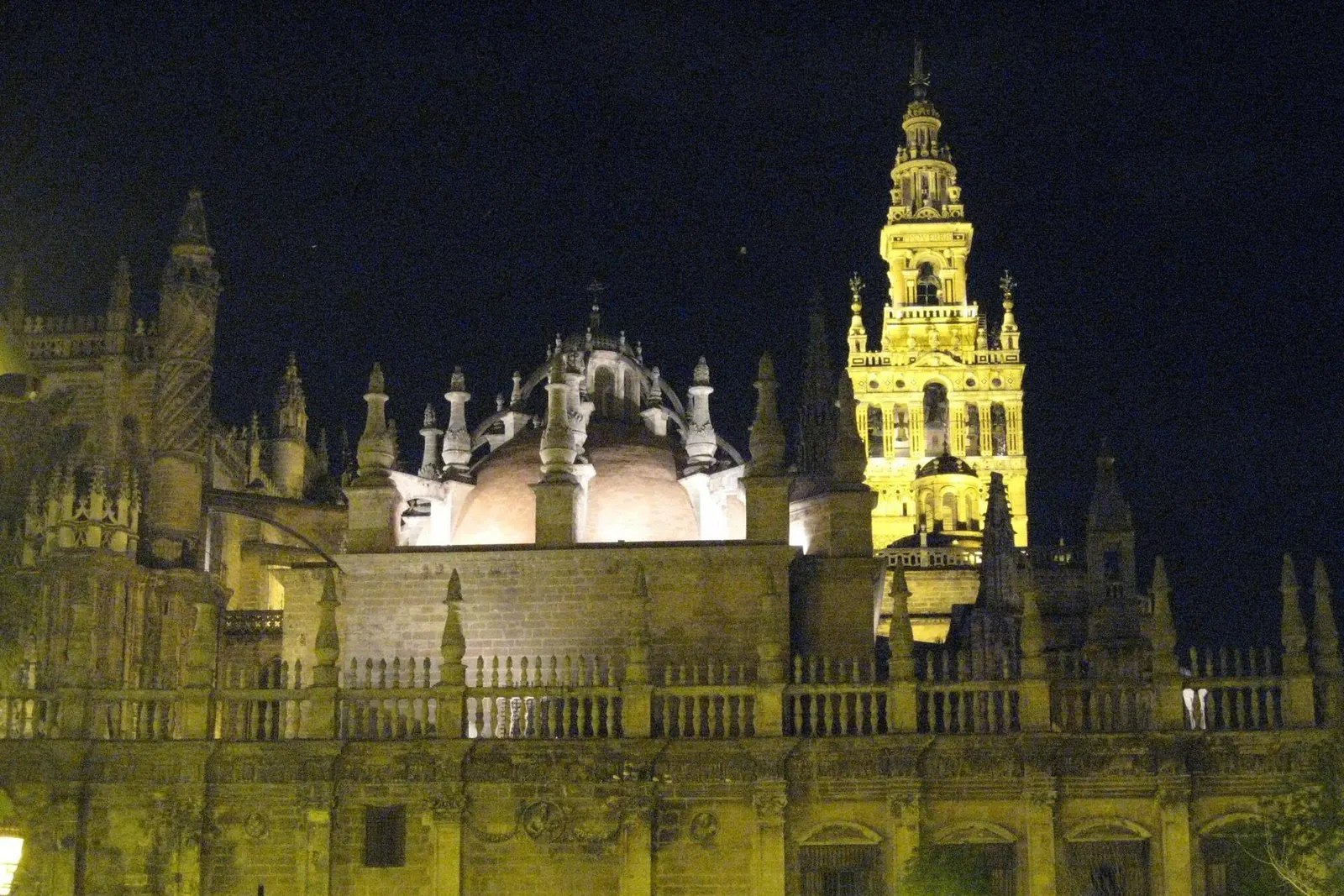 Sevilla-katedralen og Giralda-tårnet badet i gyldent lys mod en mørk himmel